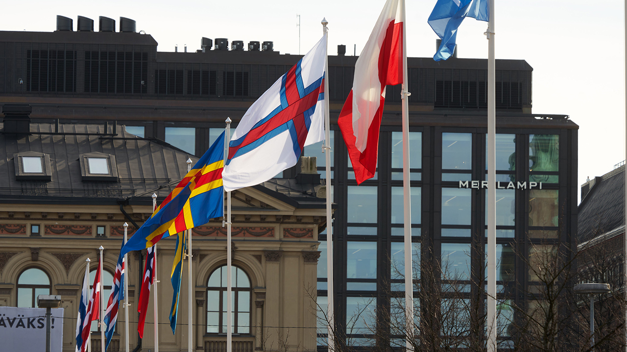 Nordic flags at Helsinki Central railway station.