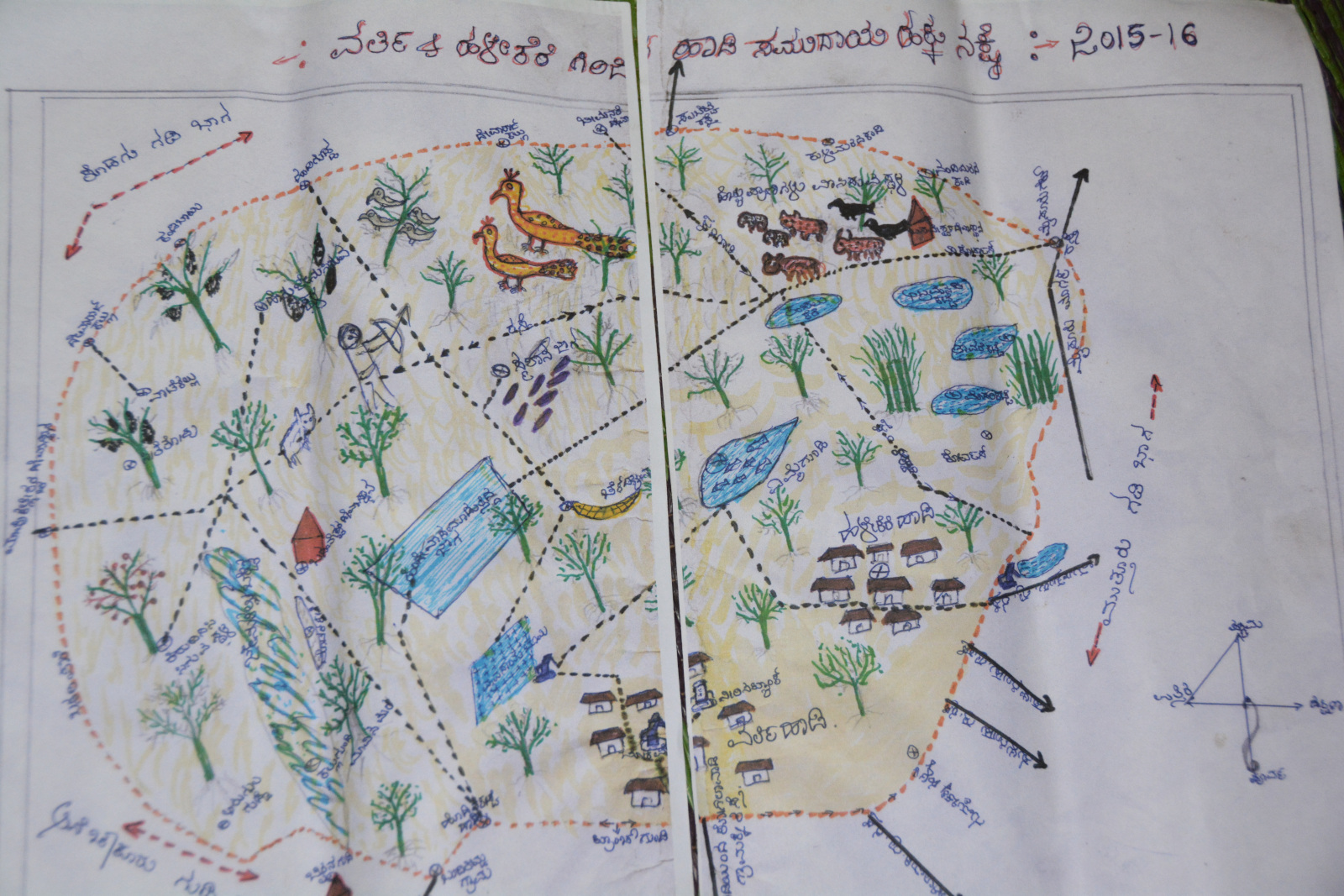 Jenu Kuraban kylän ja yhteisömetsien kartta Intian Karnatakass