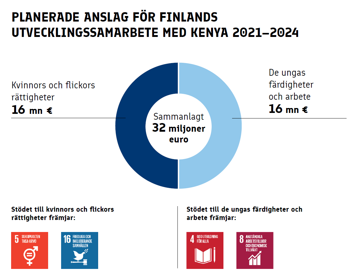 Planerade anslag för Finlands utvecklingssamarbete med Kenya 2021-2024. Kvinnors och flickors rättigheter 16 miljoner euro, de ungas färdigheter och arbete 16 miljoner euro, sammanlagt 32 euro.