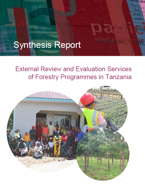 Cover page of the evaluation report with photos from projects. 
